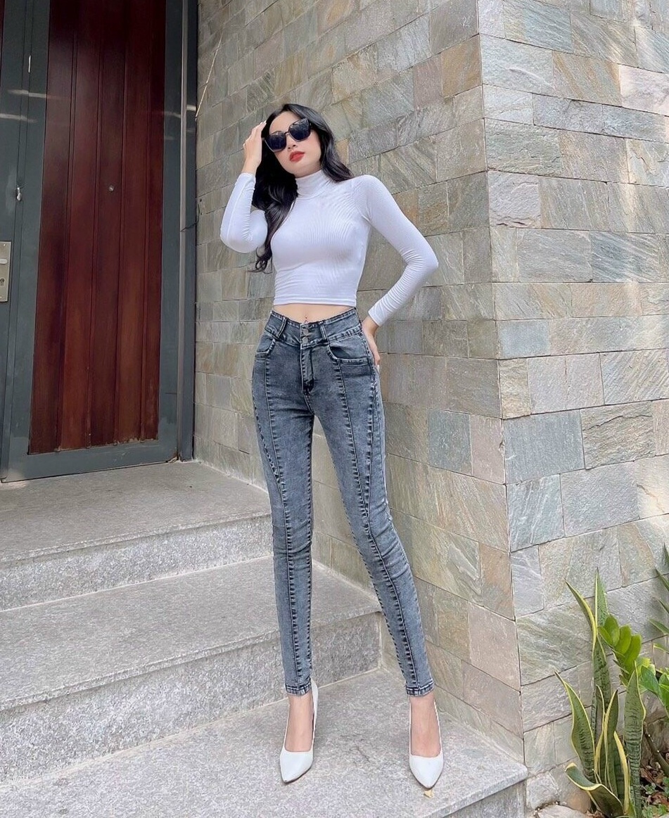 Quần Jean Nữ Màu Xám Kiểu Viền Gân Lưng Cao Co Giãn Đẹp Store 257