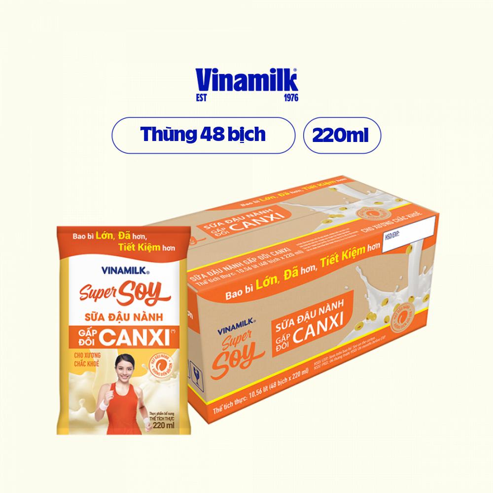 Thùng 48 bịch Sữa đậu nành Gấp đôi canxi Vinamilk Super Soy - bịch 220ml