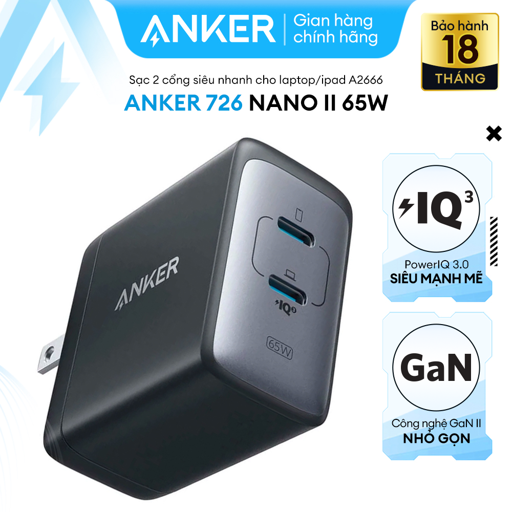 Sạc ANKER 726 NANO II 2 Cổng 65W - A2666 - 2 Cổng USB-C Công Nghệ Power IQ 3.0