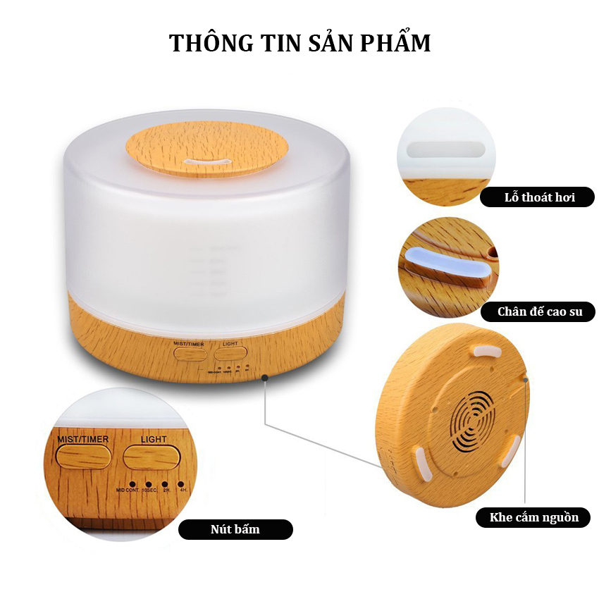 Máy xông tinh dầu trụ trong suốt đế gỗ 500ml led nhiều màu tự động tắt khi hết nước Venado