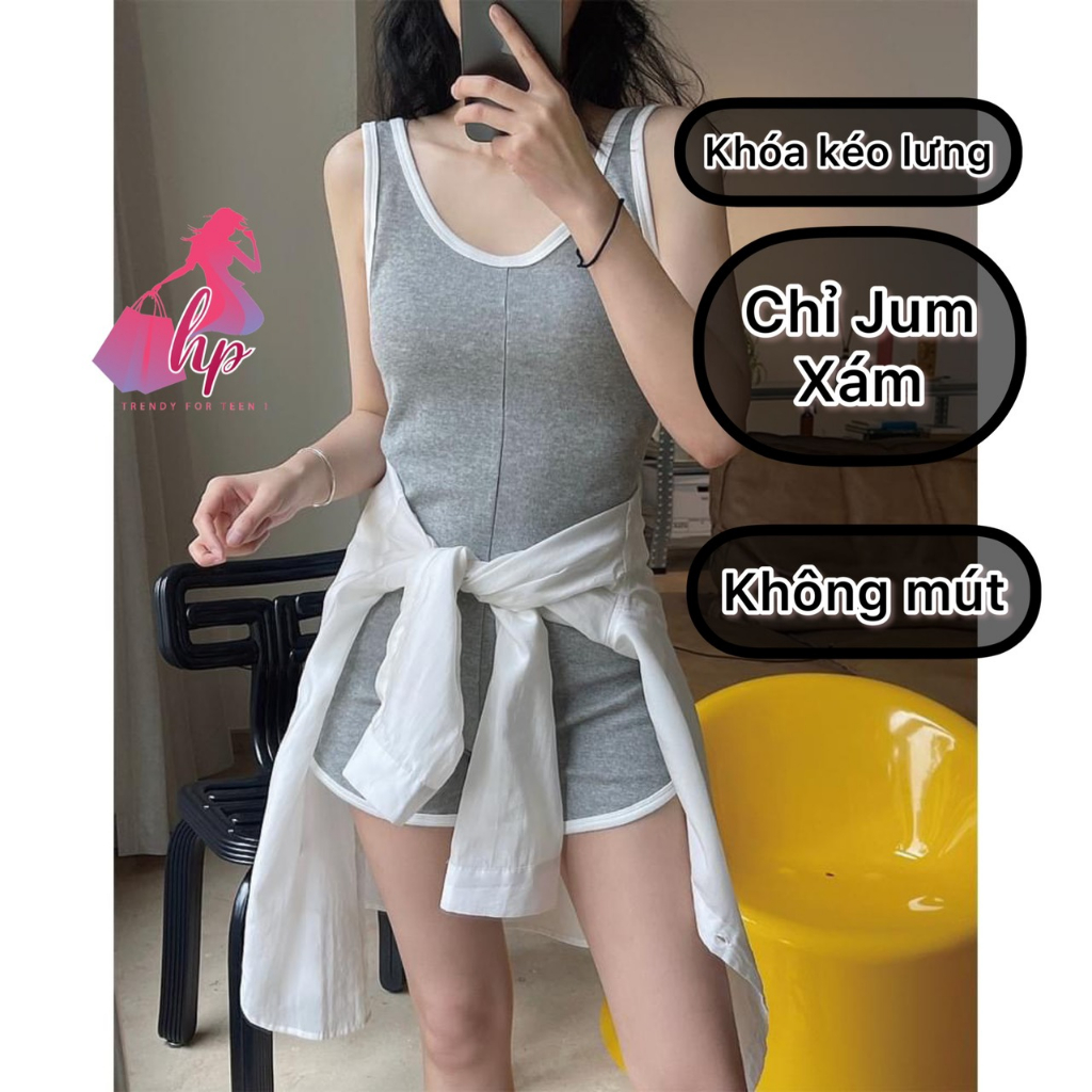 Jumpsuit đùi hai dây bản viền nữ, áo liền quần body không mút