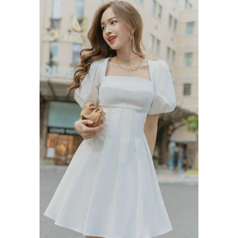 Đầm Xòe Dạo Phố Cổ Vuông Tay Phồng Chít Eo BY8374