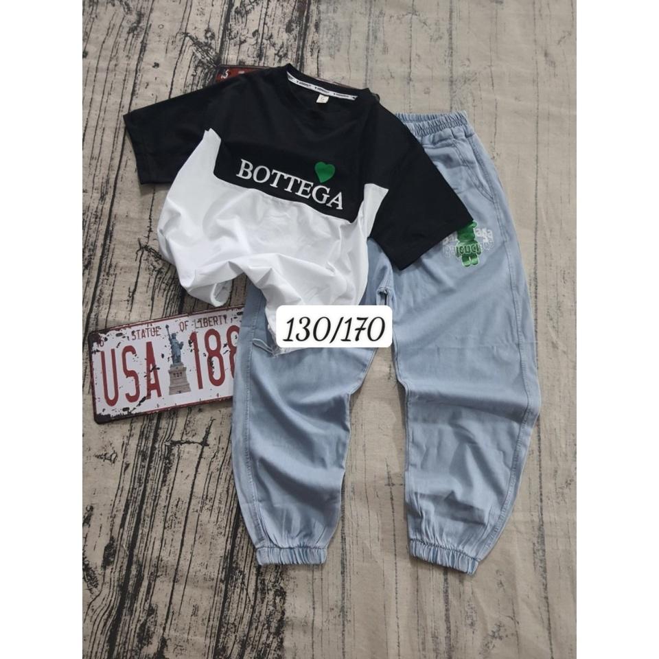 Quần áo bé gái, áo thun phối 2 màu vải và quần dài denim cho bé gái phong cách hip hop từ 25-50kg hàng Quảng Châu