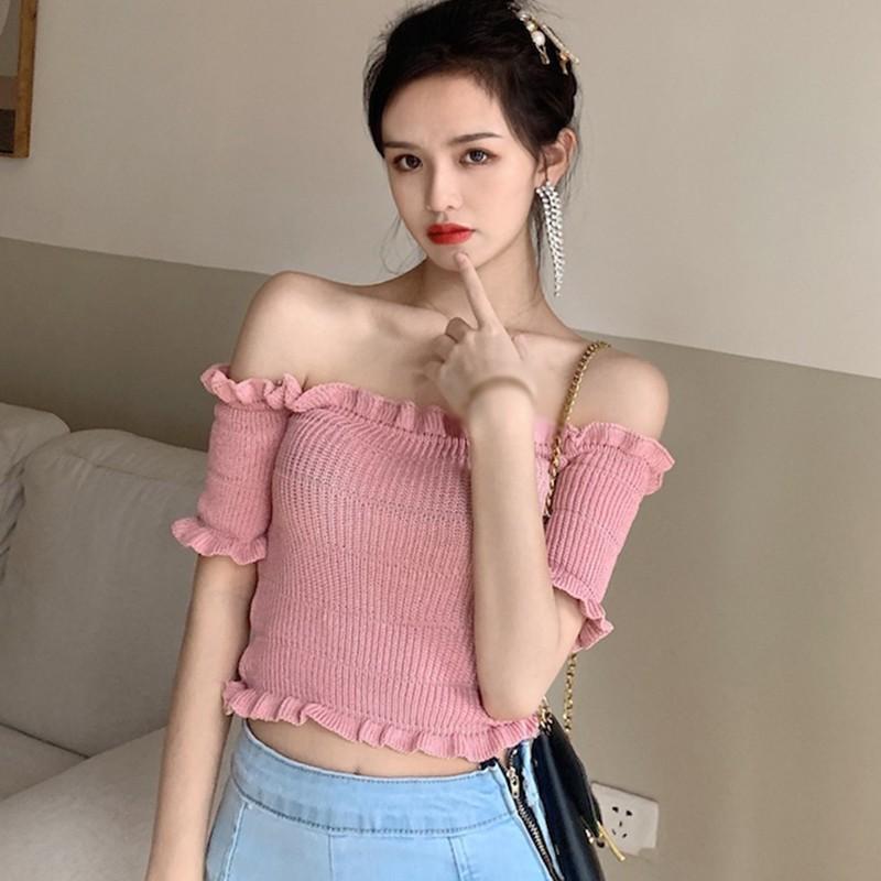 Áo Thun Dệt Kim Dáng Ôm Màu Trơn Phong Cách Hàn Quốc Cho Nữ