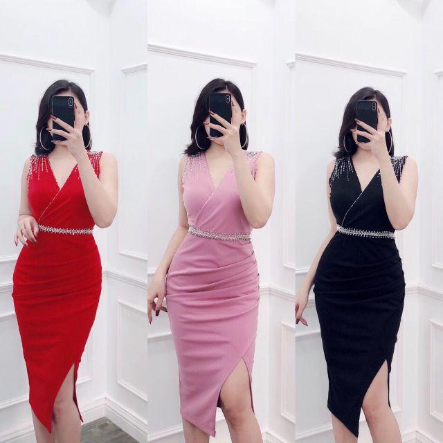 Đầm ôm body vạt đắp chéo kết đá pha lê có size