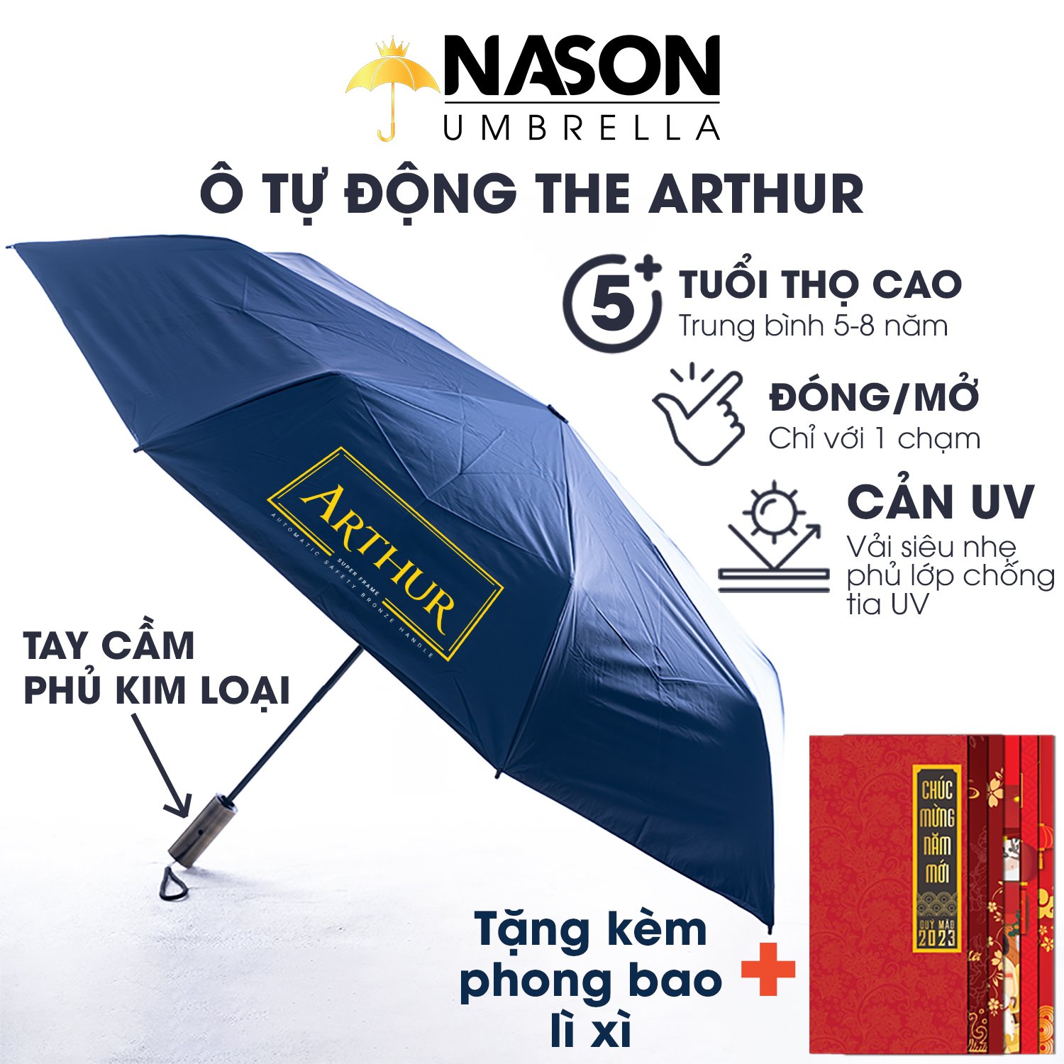 Ô dù tự đông thông minh Nason Umbrella The Arthur tự động đóng mở 2 chiều, tay cầm phủ kim loại cao cấp màu Bronzo, dù tự động gấp ngược, chống gió bão cấp 6