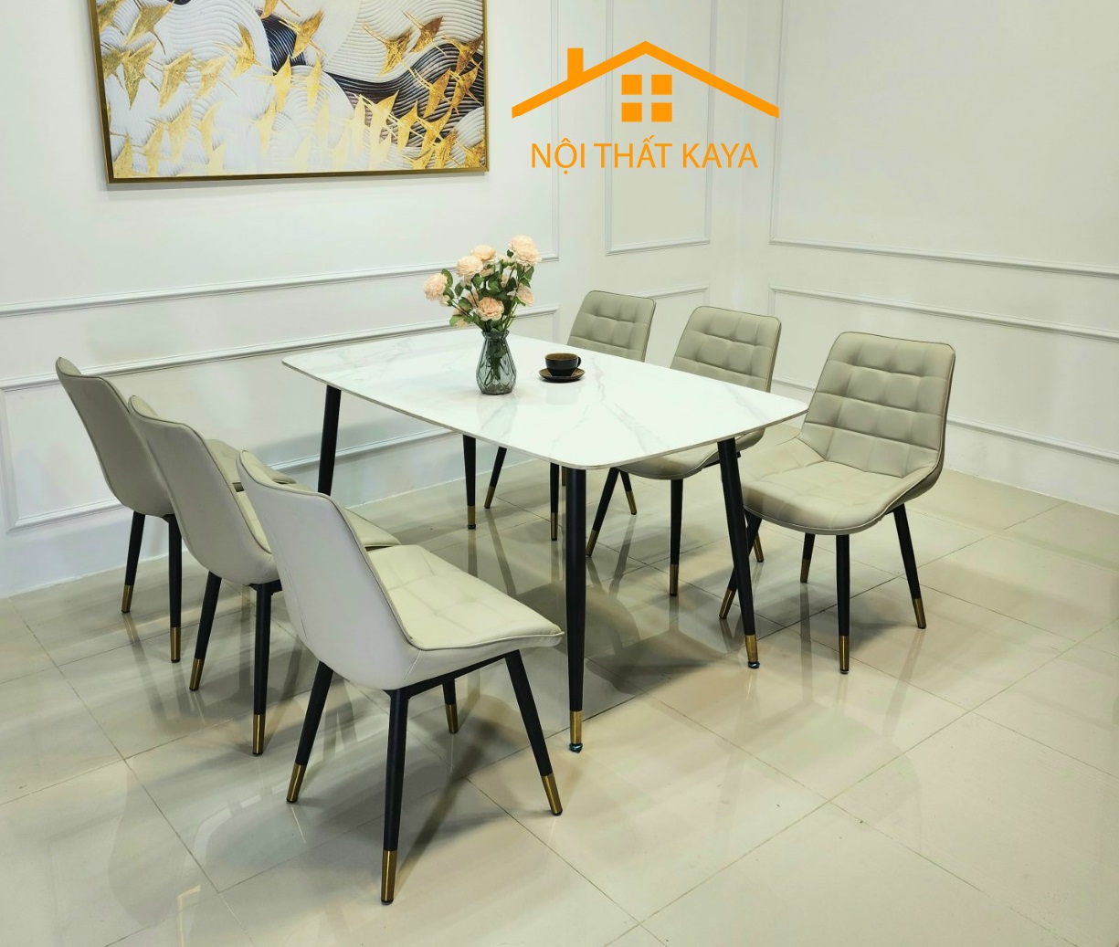 Bộ Bàn Mặt Đá Ceramic 6 Ghế Nhập Khẩu Chân Neva 1m6 – KY-GH10