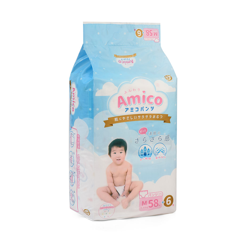 Bỉm - Tã quần Amico size M 58 + 6 miếng (Cho bé 6 - 11kg)