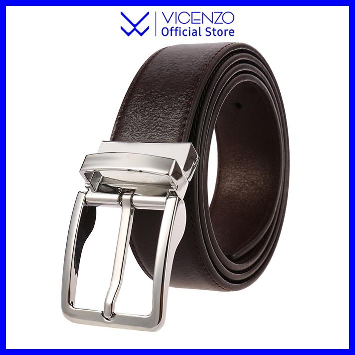 Thắt Lưng Nam DA BÒ HAI LỚP Khóa Hợp kim đúc Cao Cấp Vicenzo, Dây thắt lưng nam dây đục lỗ sử dụng hai mặt