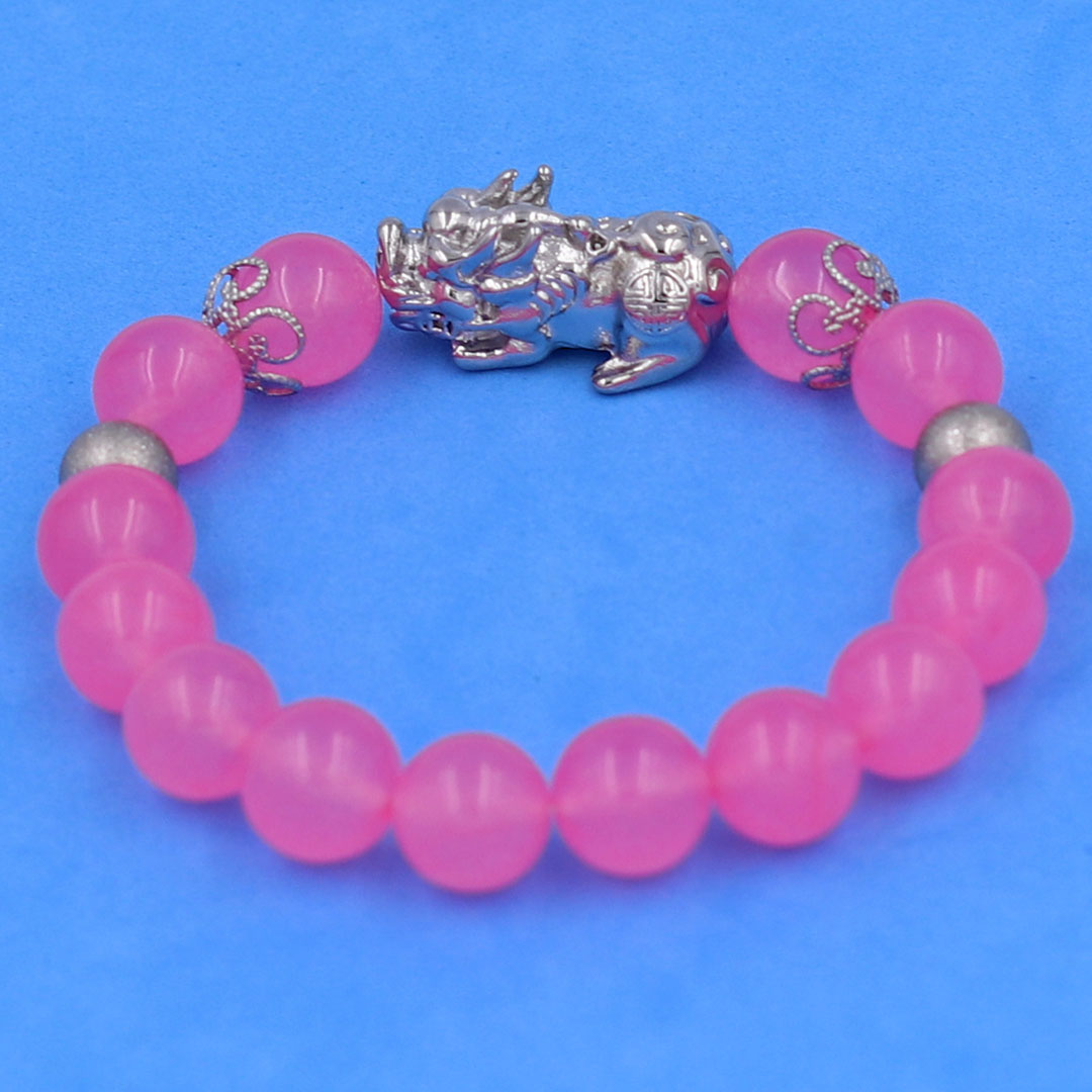 Vòng chuỗi đeo tay đá thạch anh hồng phấn 10 ly charm tỳ hưu inox, bi inox, khía bông inox, vòng tay phong thuỷ, vòng tay tỳ hưu