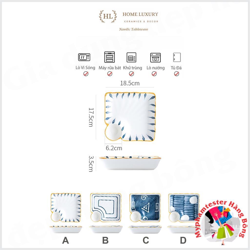 Đĩa Vuông Có Ngăn Chấm Nhật Bản | Đĩa sứ vuông cao cấp 2022 có chia ngăn đựng gia vị Phong Cách Decor Retro