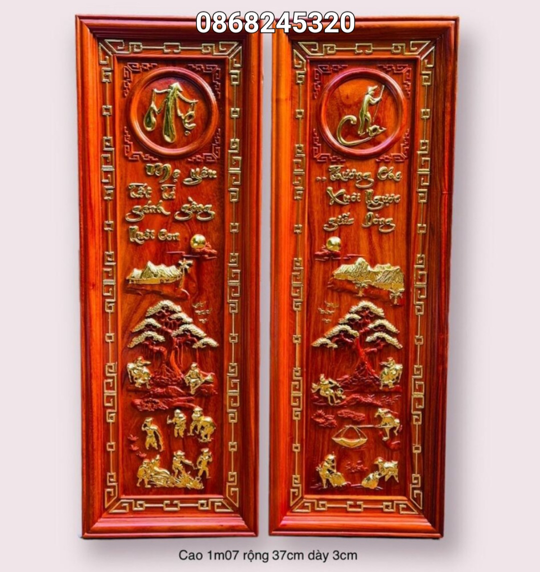 Cặp Tranh câu đối khắc chữ cha mẹ bằng gỗ hương đỏ kt 37×107×3cm