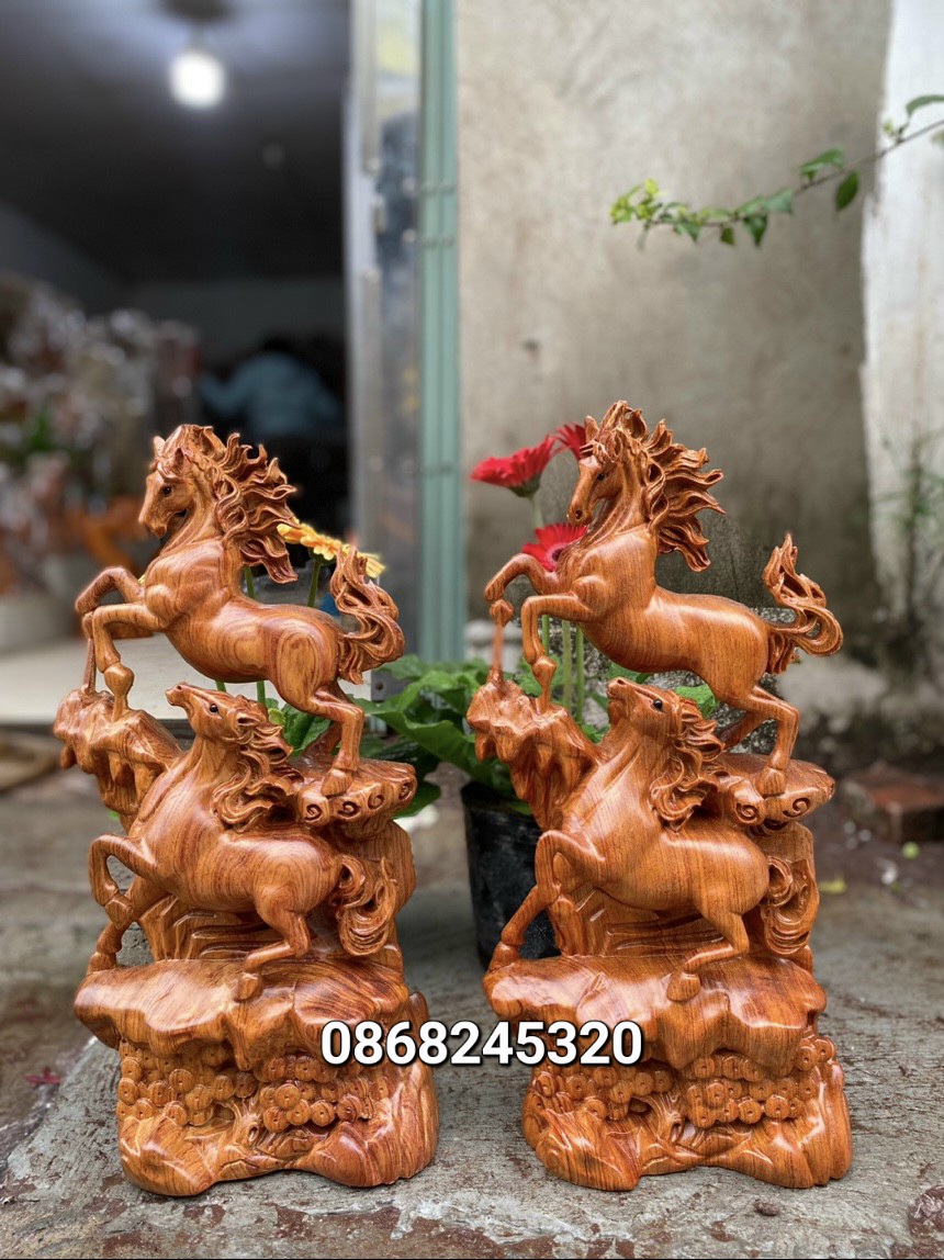 Tượng song mã uyên ương phong thủy gỗ hương đá kt cao 60×29×15cm
