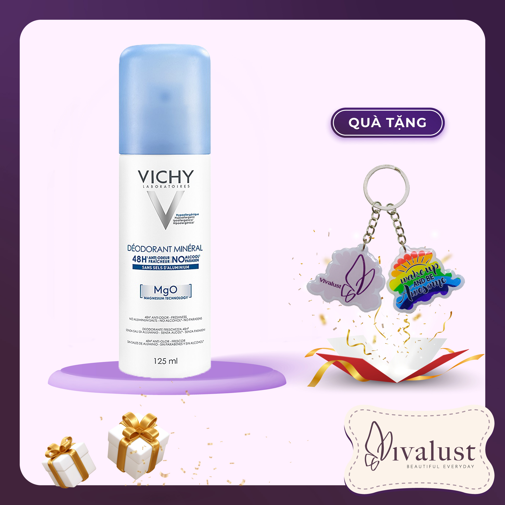 Xịt Khử Mùi Giàu Khoáng, Giúp Vùng Da Dưới Cánh Tay Khô Thoáng VICHY DÉODORANT MINÉRAL (125ml) + Quà tặng