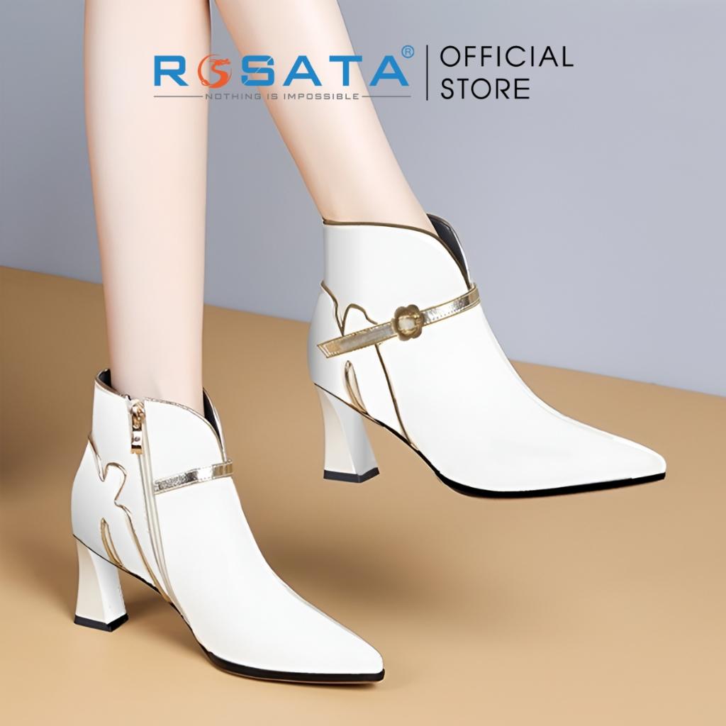 Giày Boots Nữ ROSATA RO604 Cổ Cao Mũi Nhọn Phối Kiểu Viền Vàng Khoá Kéo Gót  Trụ Cao 7cm Xuất Xứ Việt Nam - TRẮNG
