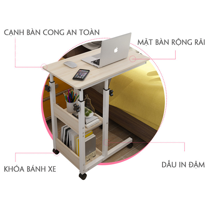 Bàn Làm Việc 3 Tầng Kèm Giá Sách, Có Bánh Xe Di Chuyển Đa Năng, Bàn Học 3 Tầng Kèm Giá Sách Có Bánh Xe 80cm x 40cm x 68cm, Bàn Laptop 3 Tầng Đa Năng