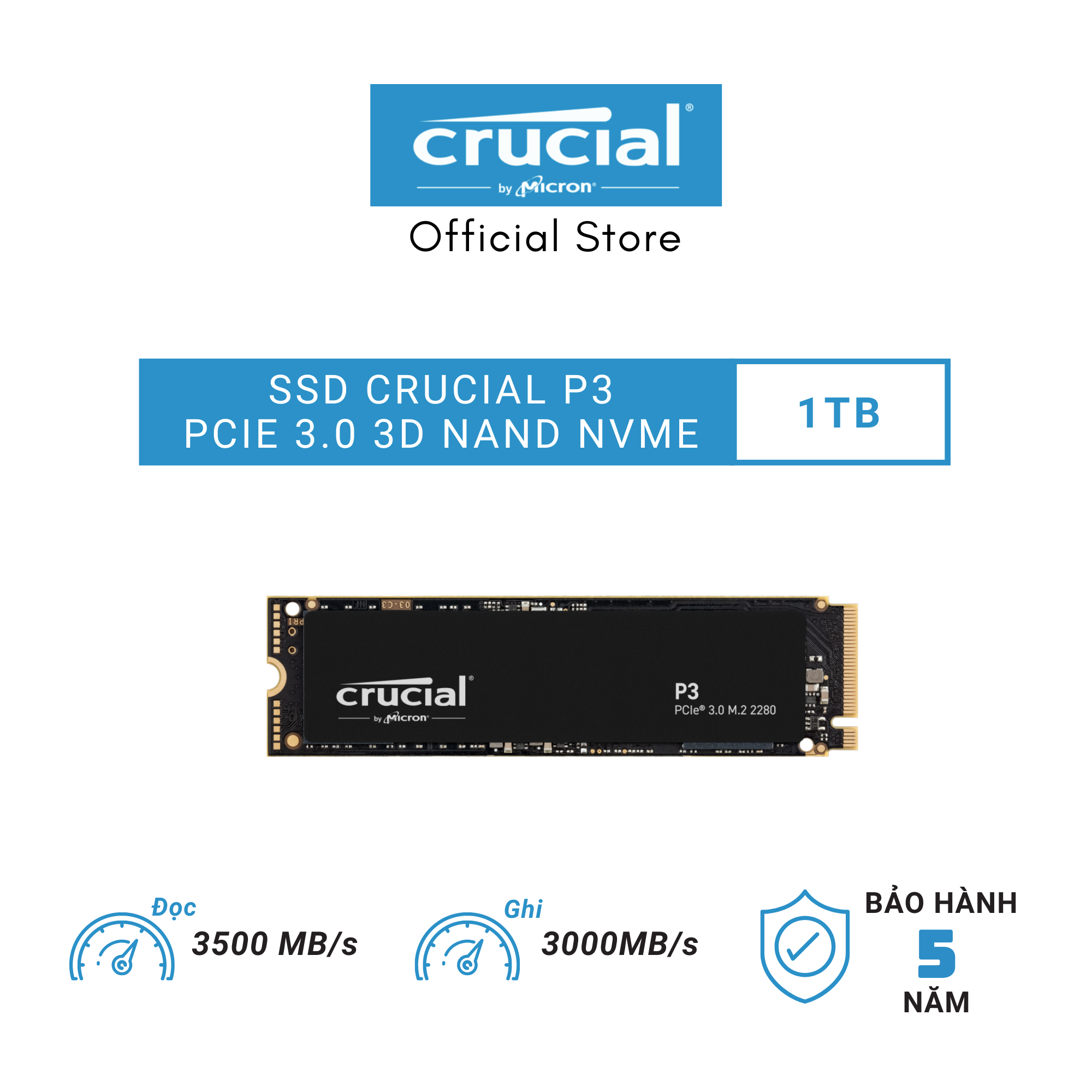 SSD CRUCIAL P3 Gen 3 NVMe 1000GB - CT1000P3SSD8 - HÀNG CHÍNH HÃNG