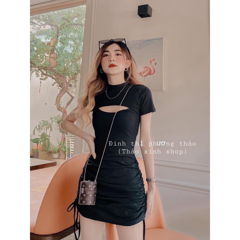 Váy ôm body khoét ngực dây rút hông chất cotton