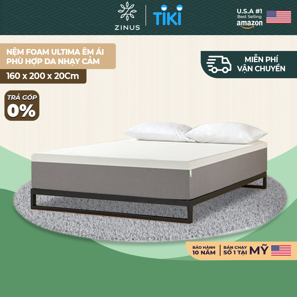 Nệm Foam Zinus Ultima 4.0 Nâng Đỡ Cơ Thể Bảo Vệ Làn Da