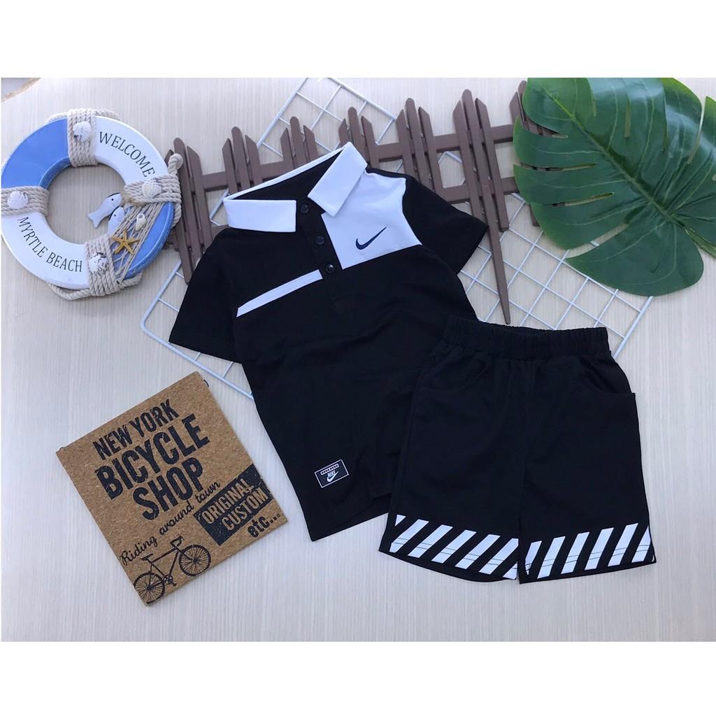 Bộ quần áo thun cotton, cổ trụ, ngắn tay cho bé trai.