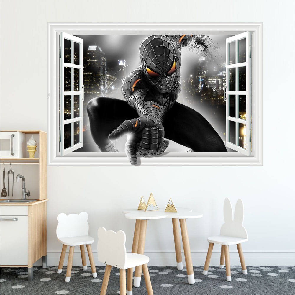 Decal trang trí tường - Cửa sổ 3D người nhện đen