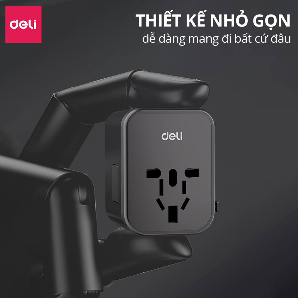 Ổ Cắm Chuyển Đổi Du Lịch Deli Sạc Nhanh 70W Củ Sạc Đa Năng DELI 4 Loại Chân Cắm Chuyển Đổi Dòng Điện