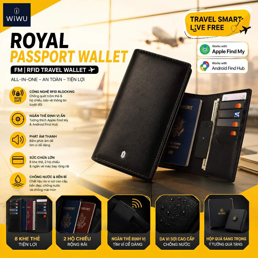Ví Đựng Hộ Chiếu hiệu WlWU Royal Passport Wallet FM RFID Travel Wallet With Find My Card Slot | RFID Safe Da Microfiber Cao Cấp Siêu Mỏng cho iphone cho ipad z fold galaxy S - Hàng nhập khẩu