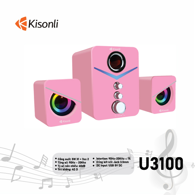 Bộ loa KISONLI U - 3100 2.1 ( 3C/Bộ) - Loa máy tính đen và hồng