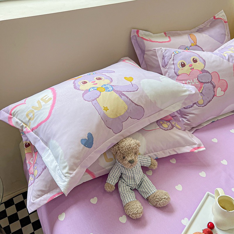 Bộ chăn ga gối poly new : thỏ tim tím 4 món Polycotton