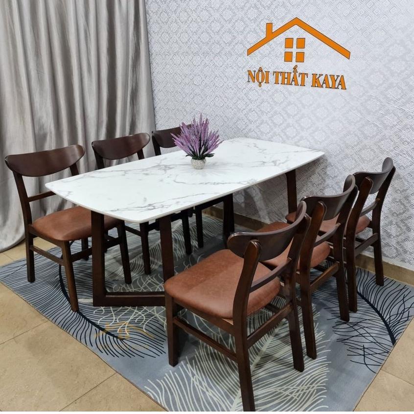 Bộ bàn mặt đá chân M 6 ghế Lunar 1m6 Mặt bàn đá với nguyên liệu được nhập khẩu từ Malaysia công nghệ Ý