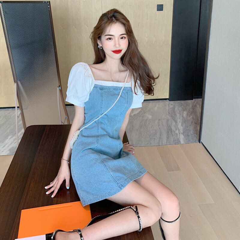 Đâm Denim cổ vuông retro Korea cho Nữ