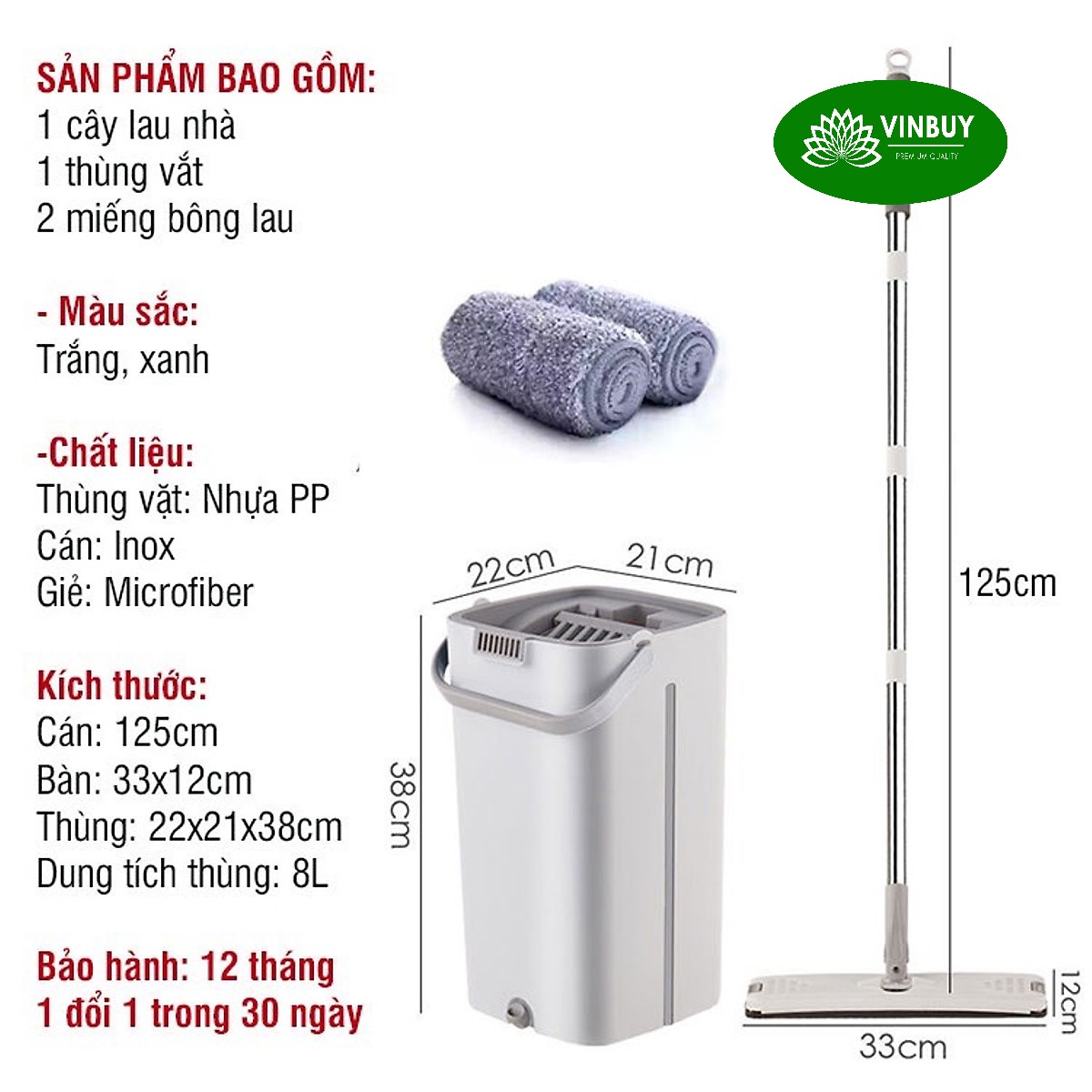 Bộ cây lau nhà VinBuy kèm thùng tự vắt thông minh, chổi lau nhà xoay 360 độ lau sạch nhanh