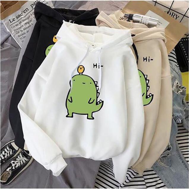 Áo Hoodie Nam Nữ Có Mũ In Hình Khủng Long Chất Liệu Nỉ Bông Cao Cấp -Trắng