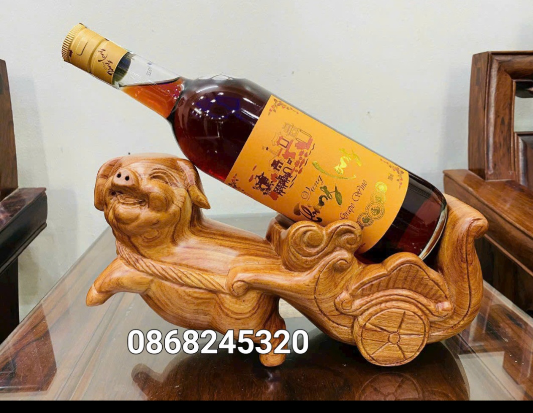 Tượng con heo kéo trai rượu bằng gỗ hương đá kt 30×20×10cm