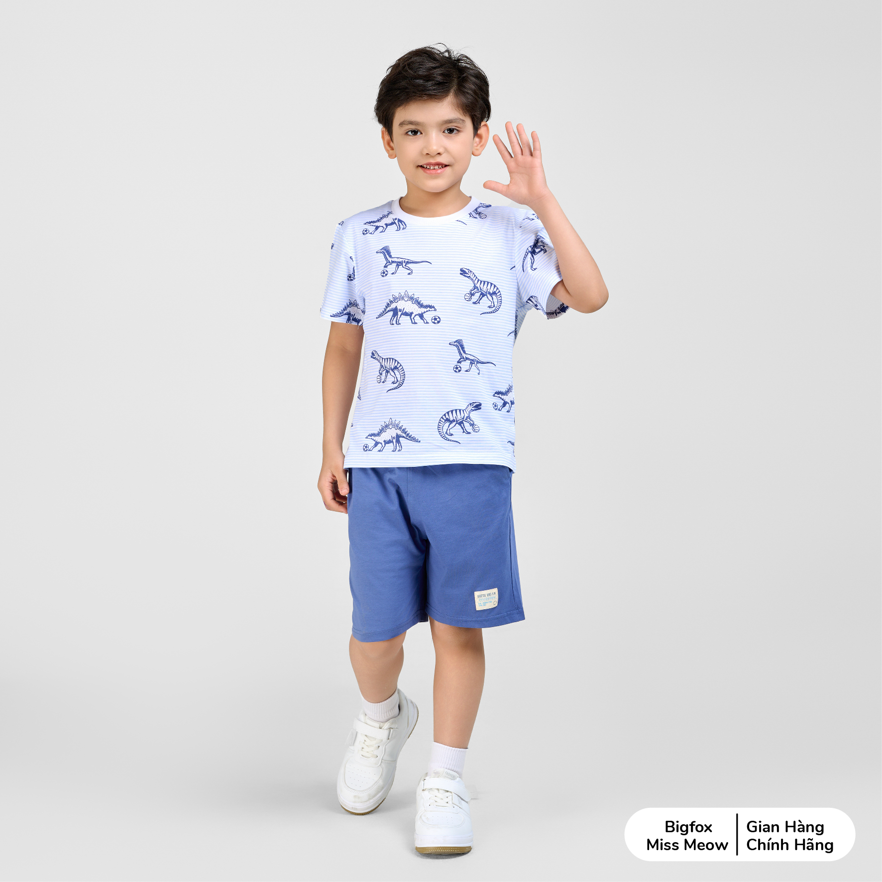 Bộ cộc tay cho bé trai Bigfox Miss Meow chất cotton size đại mùa hè in đẹp cỡ 3,7,9,11 tuổi 30kg 40kg