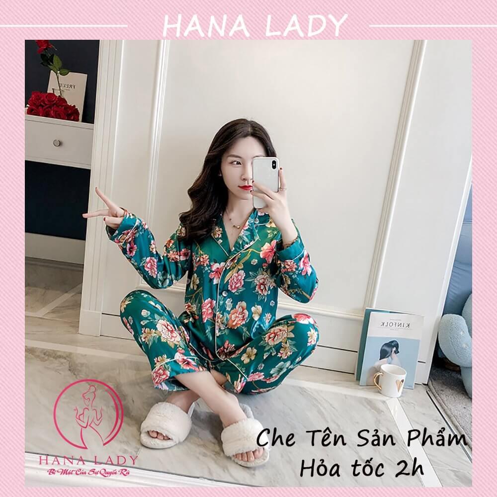 Đồ bộ ngủ pijama lụa mặc nhà mềm mại họa tiết hoa xanh PJ532