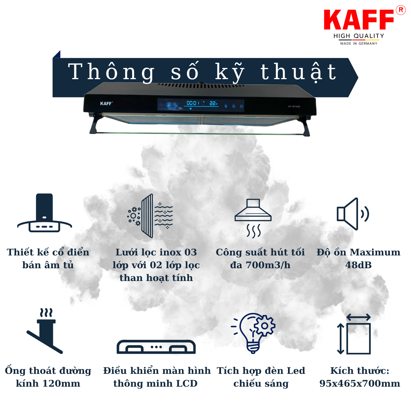 Máy hút mùi KAFF KF-S70HD - Tặng bộ lọc than hoạt tính - Hàng chính hãng