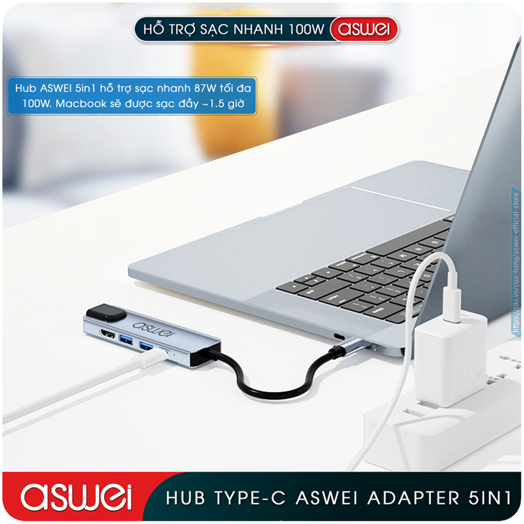 Hub Type C ASWEI 5 in 1 To HDMI, USB 3.0, Lan RJ45, PD 100W - Hàng Chính Hãng