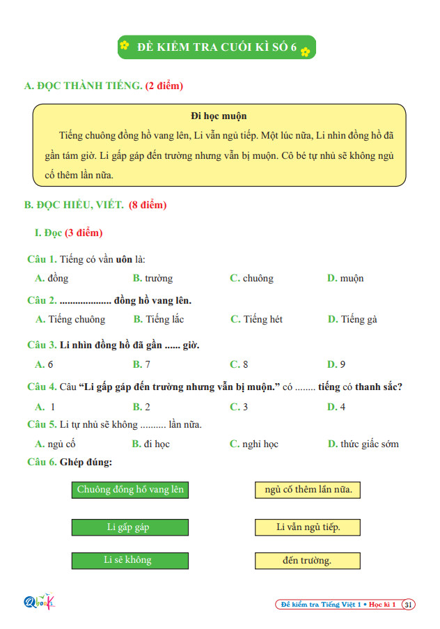 Đề Kiểm Tra Tiếng Việt 1 - Tập 1 - Cánh Diều