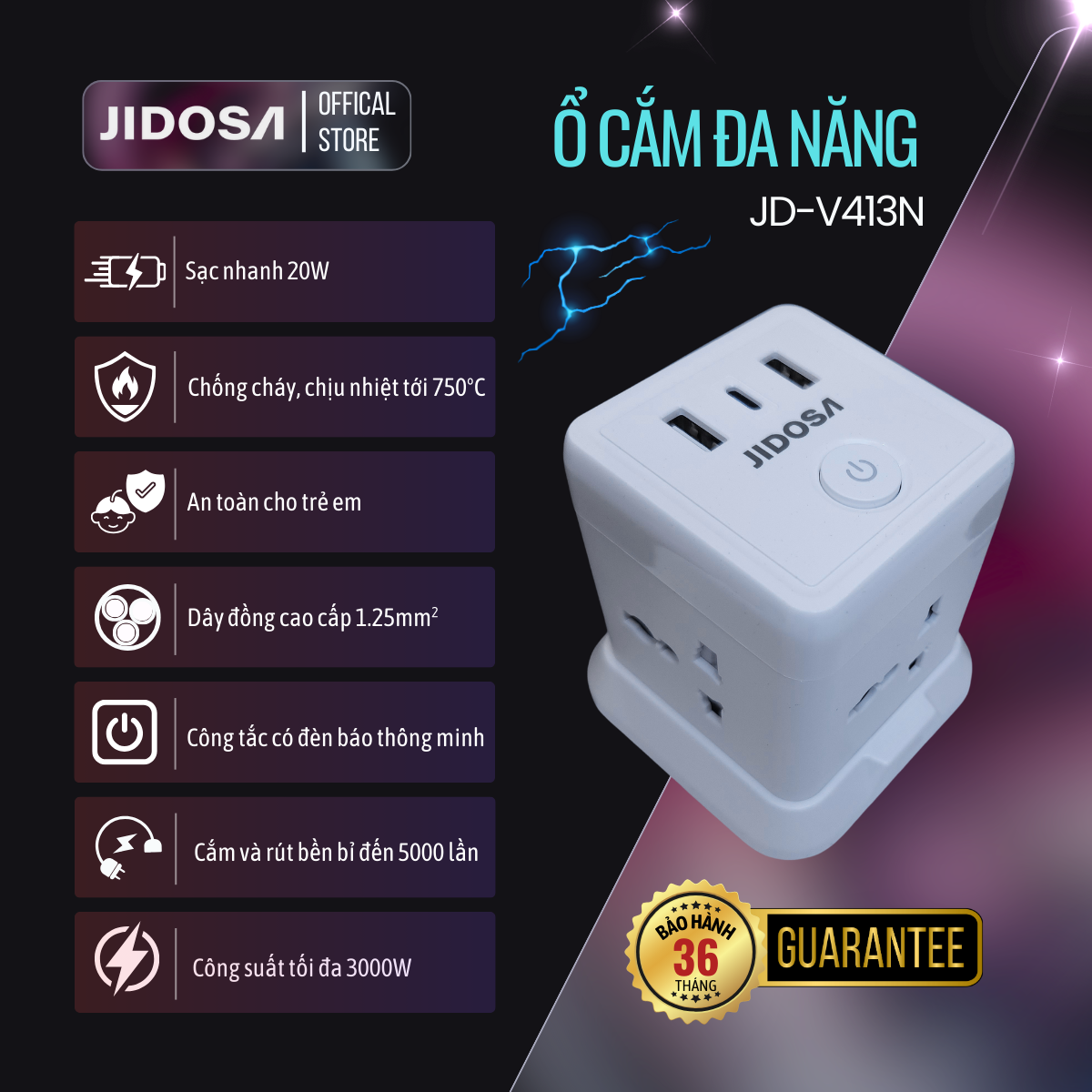 Ổ Cắm Điện JIDOSA Tích Hợp Ổ USB Và Type C Hình Tháp Đa Năng Công suất 3000w Thiết Kế Thông Minh
