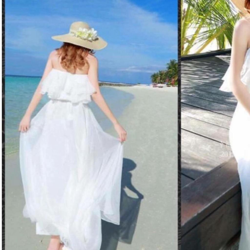 Đầm maxi chiffon bèo trắng