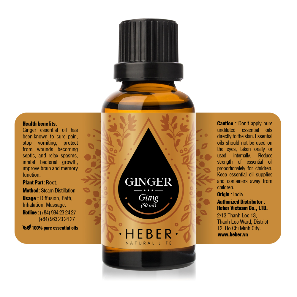 Tinh Dầu Gừng Ginger Essential Oil Heber | 100% Thiên Nhiên Nguyên Chất Cao Cấp | Nhập Khẩu Từ Ấn Độ | Kiểm Nghiệm Quatest 3 | Xông Thơm Phòng