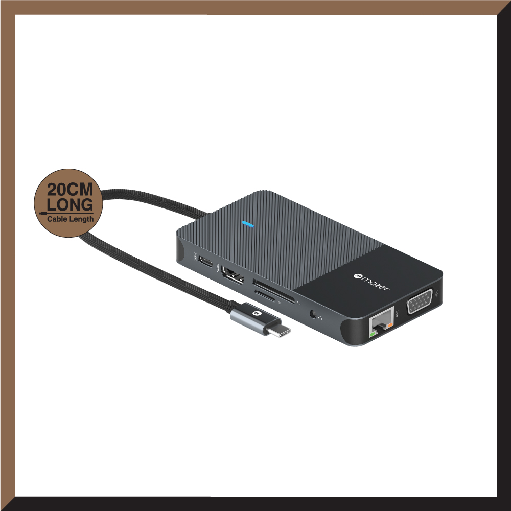Bộ Chuyển Đổi MAZER Multimedia Pro Hub 10 in 1 USB-C Dài 20cm Gồm 03xUSB-A 01xUSB-C Audio 3.5mm HDMI VGA LAN SD/MicroSD Hàng Chính Hãng