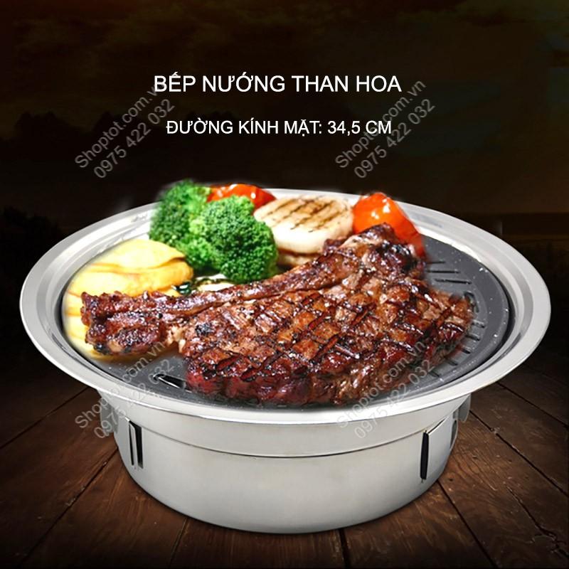 BẾP NƯỚNG THAN HOA A1033 LÀM BẰNG THÉP INOX KHÔNG GỈ D34,5CM, CÓ VỈ NƯỚNG CHỐNG DÍNH