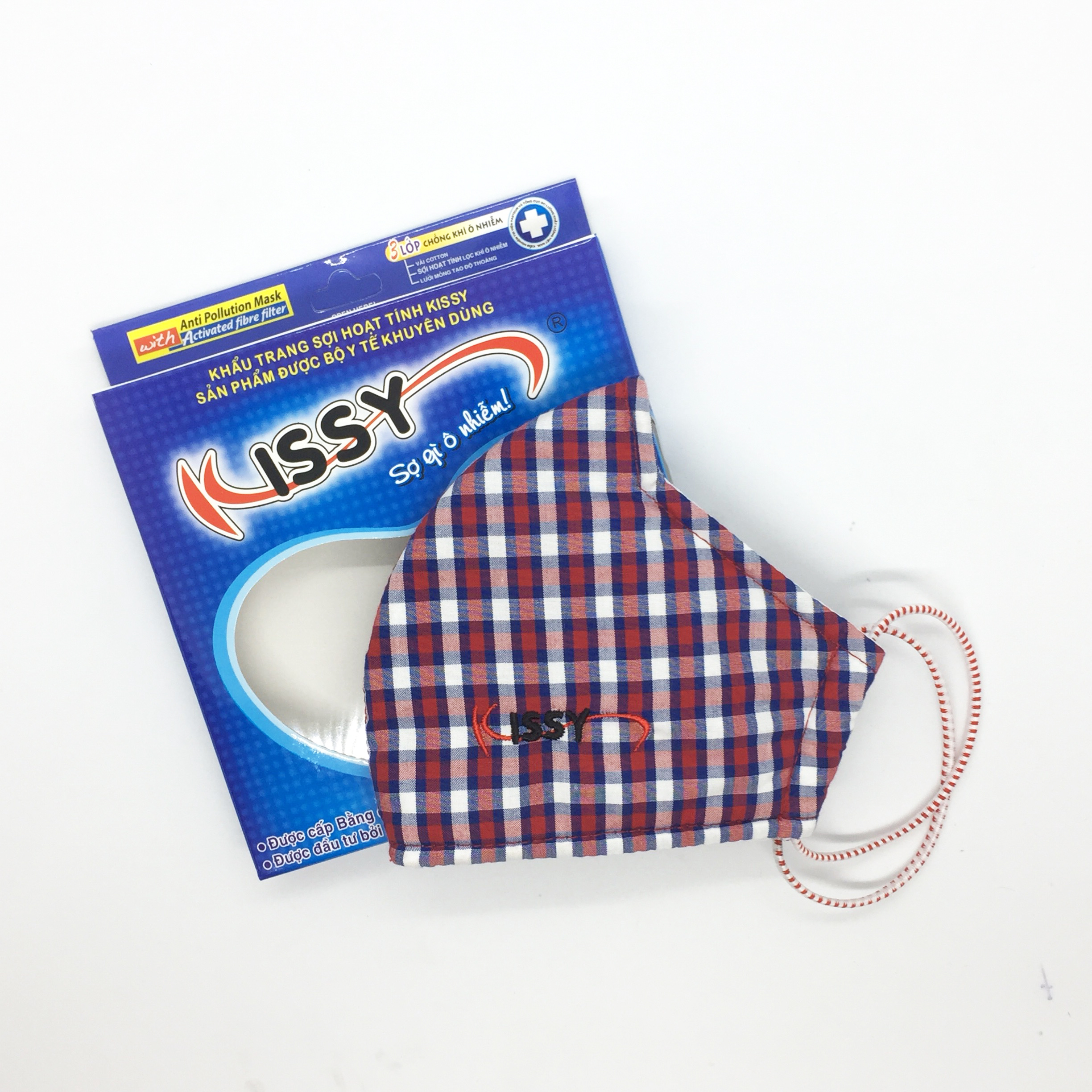 Khẩu trang sợi hoạt tính Kissy sz M kẻ đen đỏ