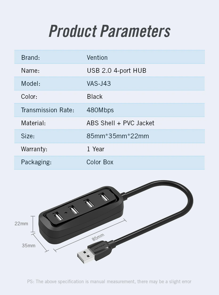 Bộ chia 4 cổng USB 2.0 Vention VAS-J43 (50cm - 1m) - Hàng chính hãng
