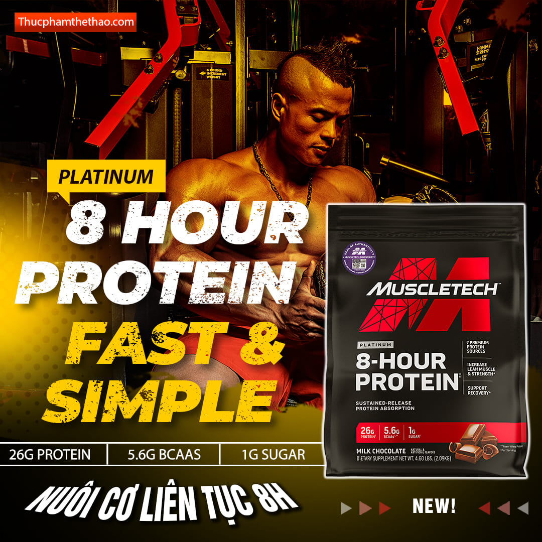 Thực phẩm tăng cơ CASEIN - PLATINUM 8 Hour Protein 4.6lbs (~2.09kg) - NHIỀU HƯƠNG VỊ –  KÈM QUÀ TẶNG - Bổ sung nguồn Protein kết hợp, giữa Whey hấp thụ nhanh giúp phục hồi phát triển cơ và Casein hấp thụ chậm, giúp nuôi dưỡng phát triển cơ bắp