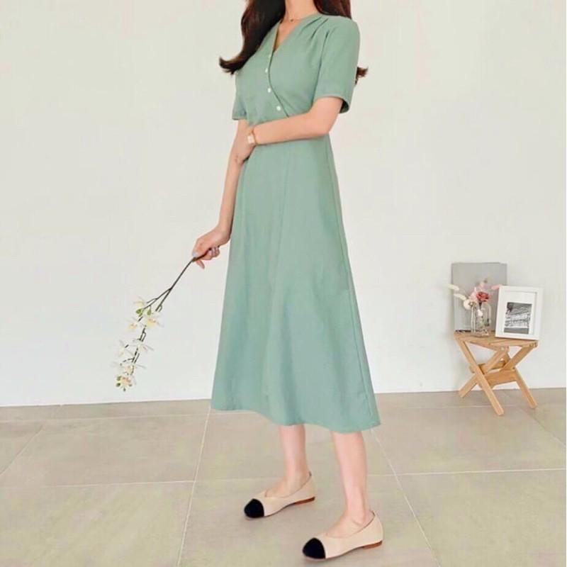 Đầm Suông Dài Xanh Mint Có Nút