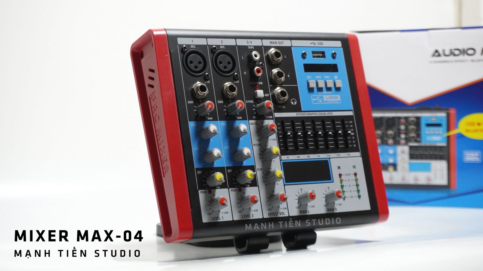 Bàn trộn âm thanh mixer max 04 - 4 kênh âm thanh nổi - Tích hợp bộ cân bằng Equalizer chuyên nghiệp - Kết nối dễ dàng với bluetooth - Mixer chuyên dùng cho loa kéo, dàn karaoke gia đình, thu âm, livestream - Hàng nhập khẩu