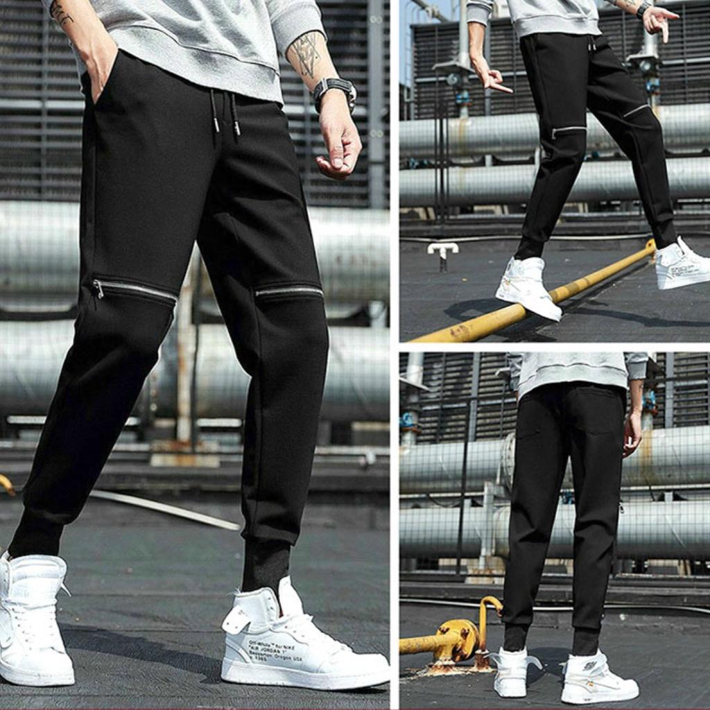 Quần Jogger khóa gối kiểu, Dài Bo Gấu dưới ống - Chất Vải Kaki Kiểu Thể Thao UNISEX một Màu Đen. 02x